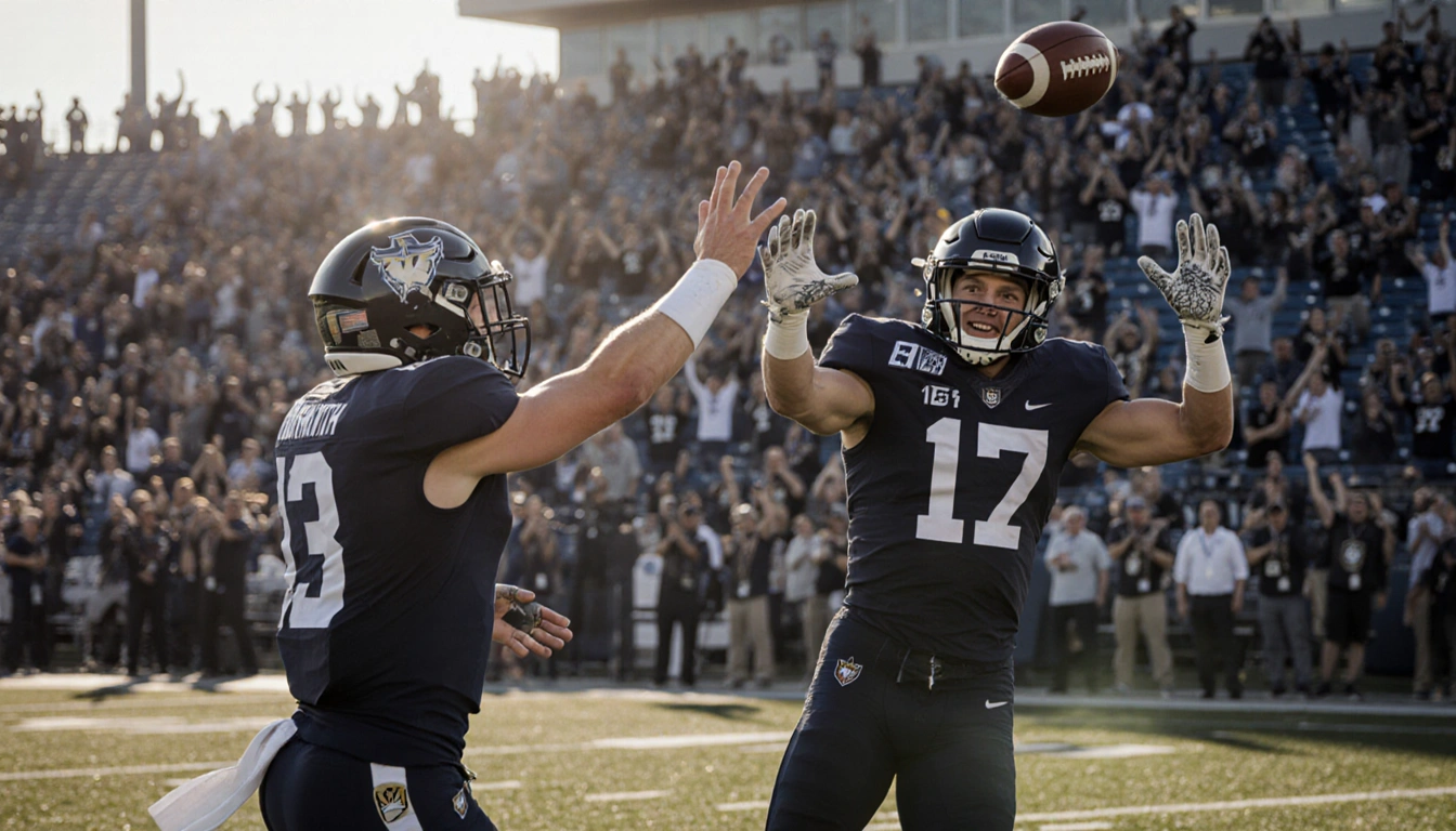 Blake Horvath tossing a football with Eli Heidenreich catching it and celebrates their 17-16 victory under autumn sun