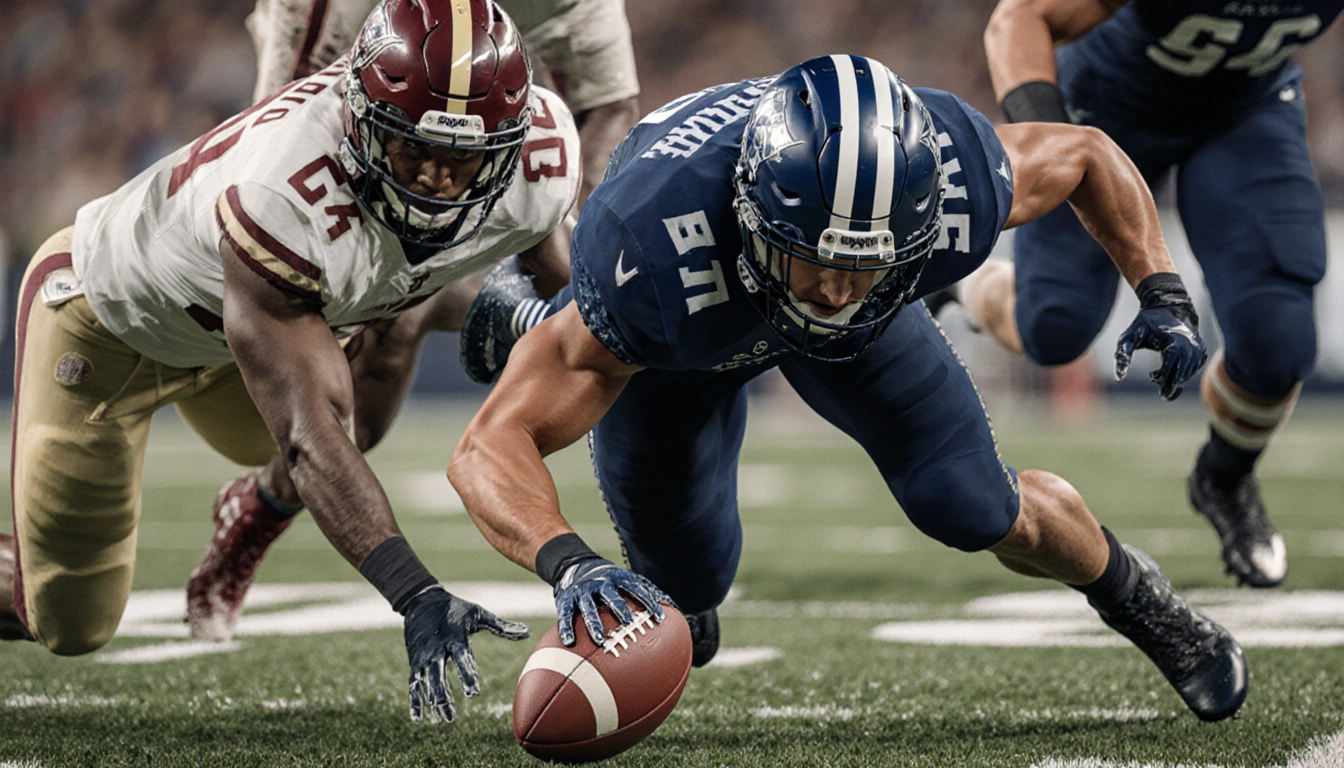 Alex Tecza lunging forward to stop the ball with Army linebacker Eric Ford in blur and football field texture.