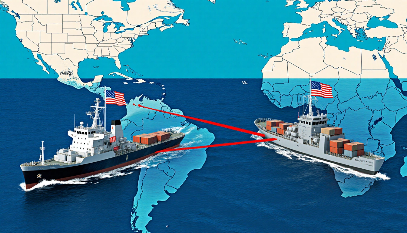 Navy ship intercepting tanker with American flags and red blockade line near Venezuelan coast