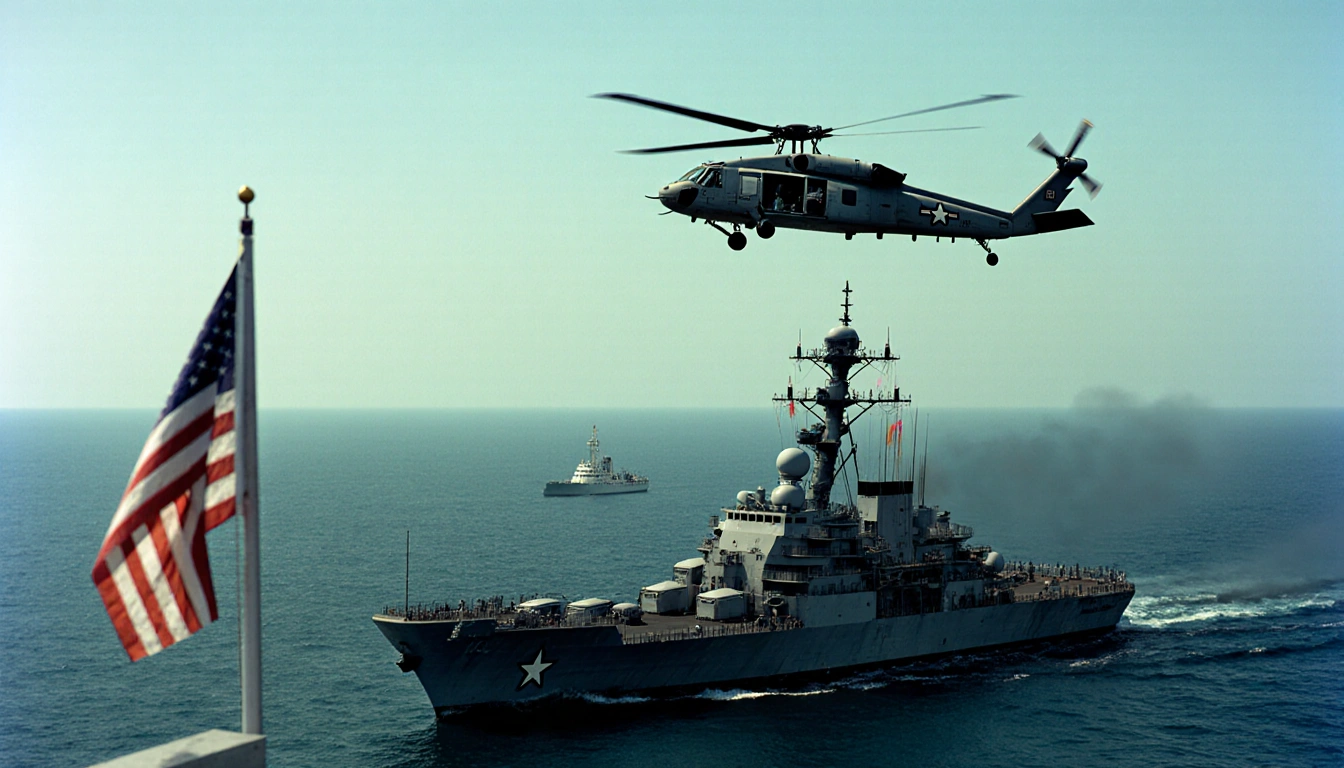 US Navy warship stands with a helicopter hovering above and a US flag flying from its mast