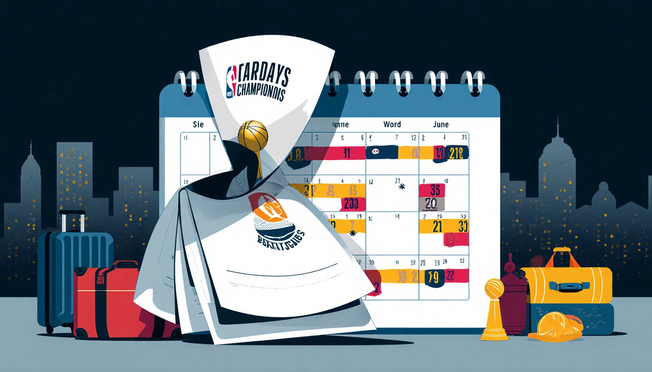Twisted calendar showing NBA championship schedule with overlapping final game near fatigue luggage and blurred city skyline