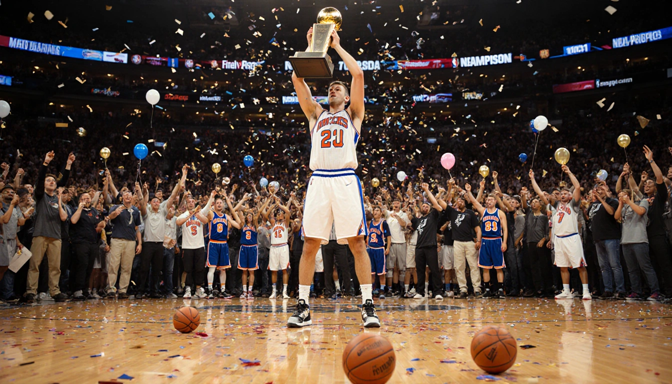 Tyler Kolek raising trophy with confetti and fans in Knicks and Spurs jerseys