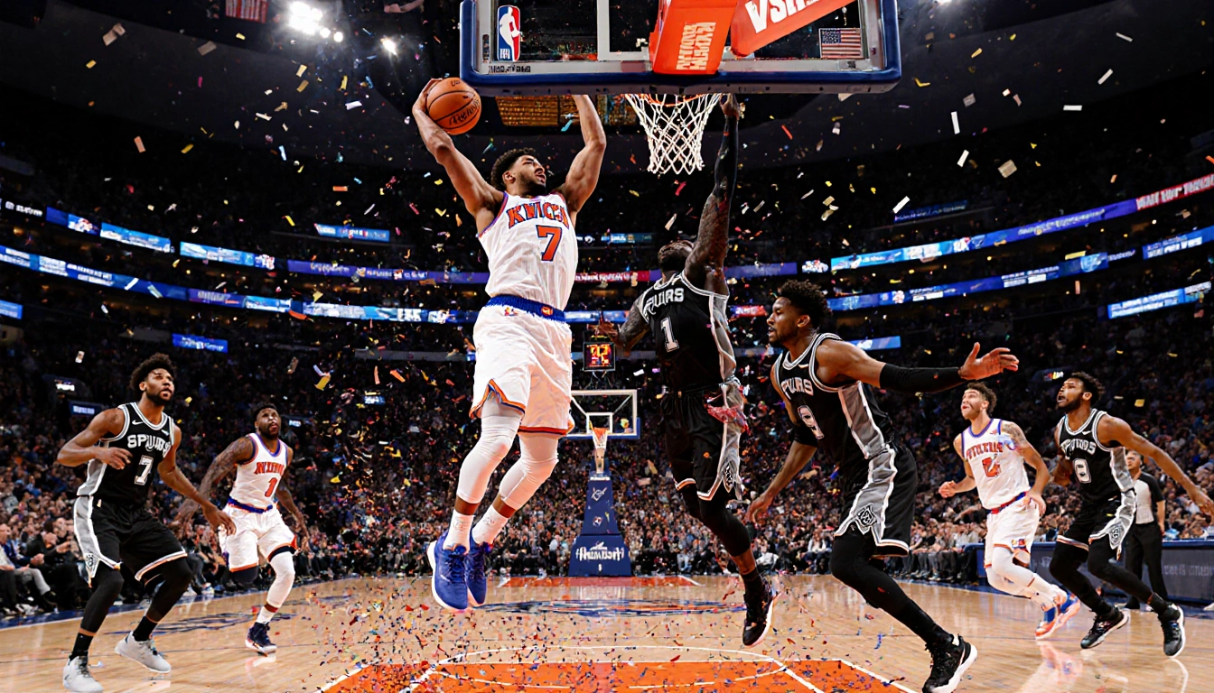 Jalen Brunson shoots a three‑point in the NBA Cup final with confetti exploding around him and Pascal Siakam diving toward th