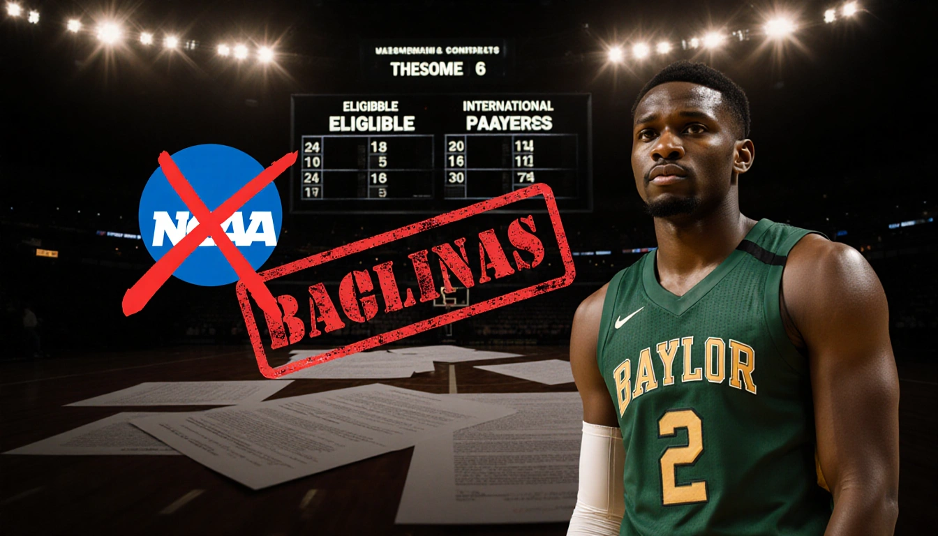 Scoreboard shows red X over eligible and international players with NCAA logo stamped and silhouette of James Nnaji.