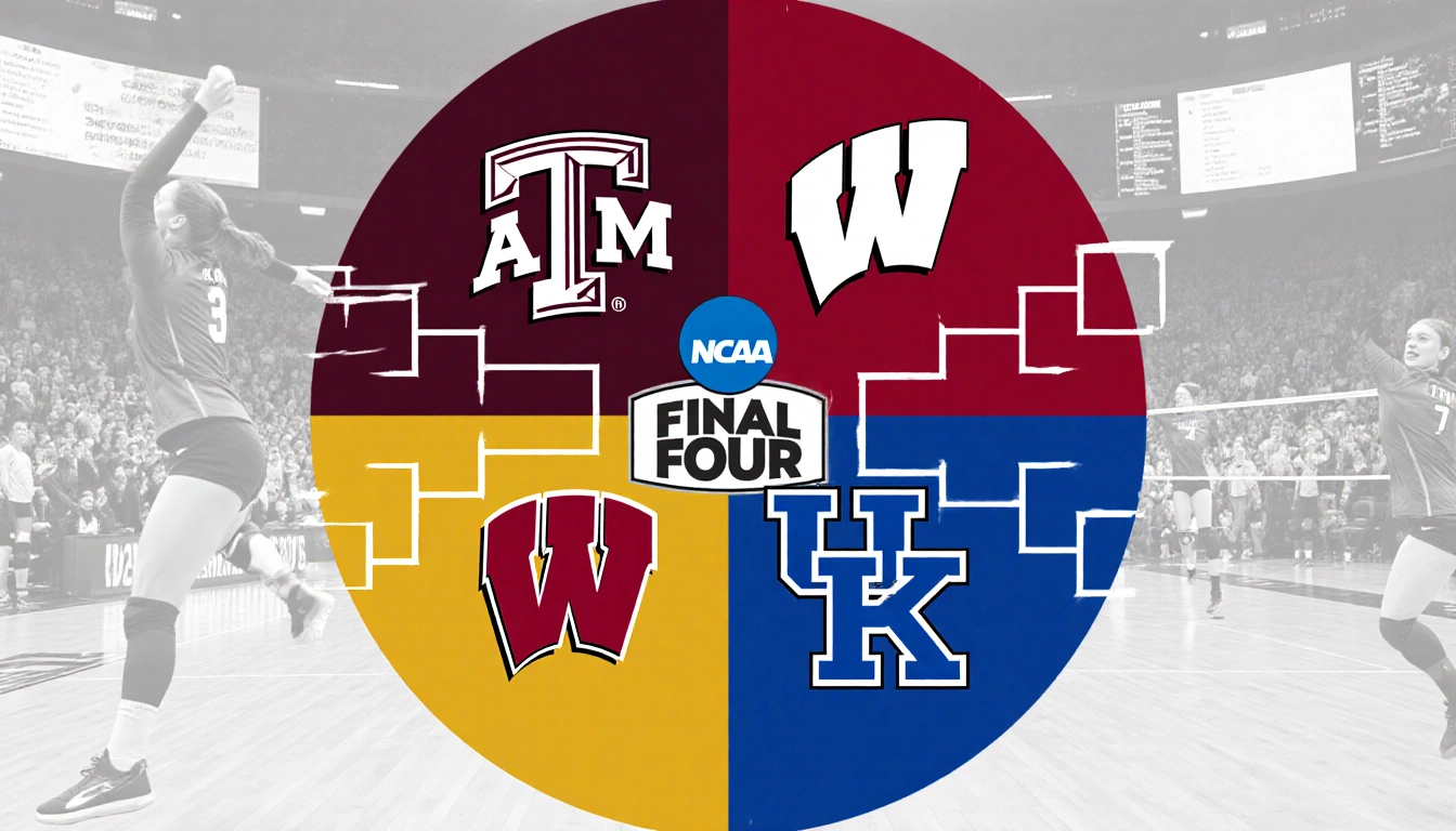 Bracket animating with Texas A&M Pittsburgh Wisconsin and Kentucky logos NCAA volleyball Final Four and vibrant dynamic lines
