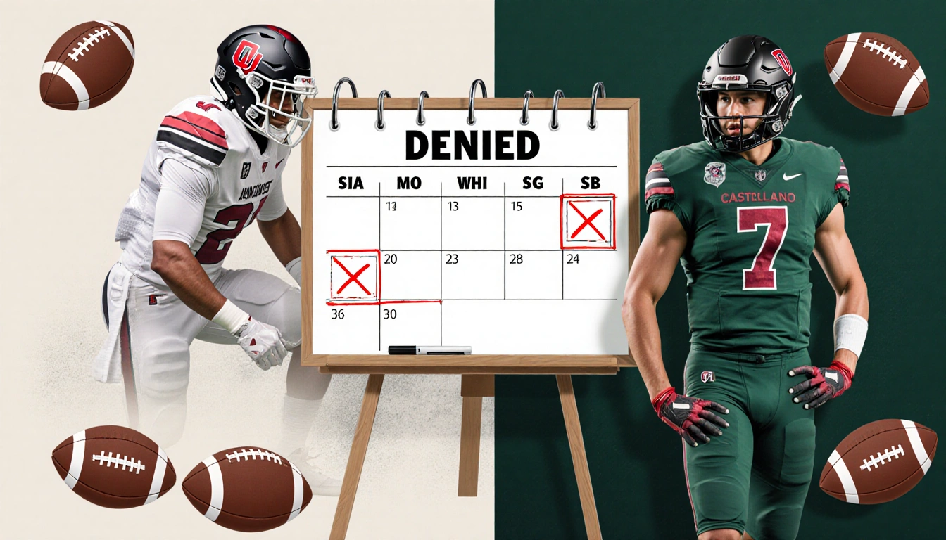Decision board showing denied appeal with split screen of Thomas Castellano in football uniform and a crossed-out calendar.