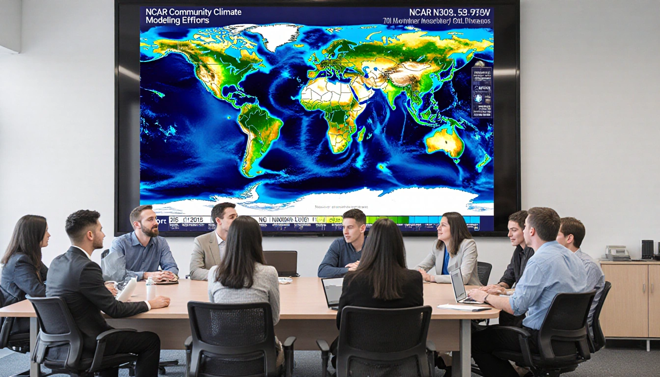 University scientists analyzing climate data at table with screen showing computer model and radar maps