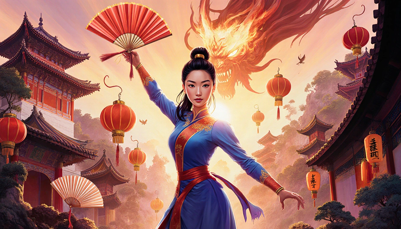 Michelle Yeoh standing heroically as Ne Zha with a Chinese fan and lanterns beside a pagoda hinting at demonic influence