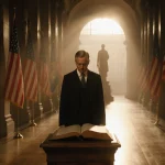 Former senator gazes at open book with golden light illuminating capitol hallway and statue shadowing background.