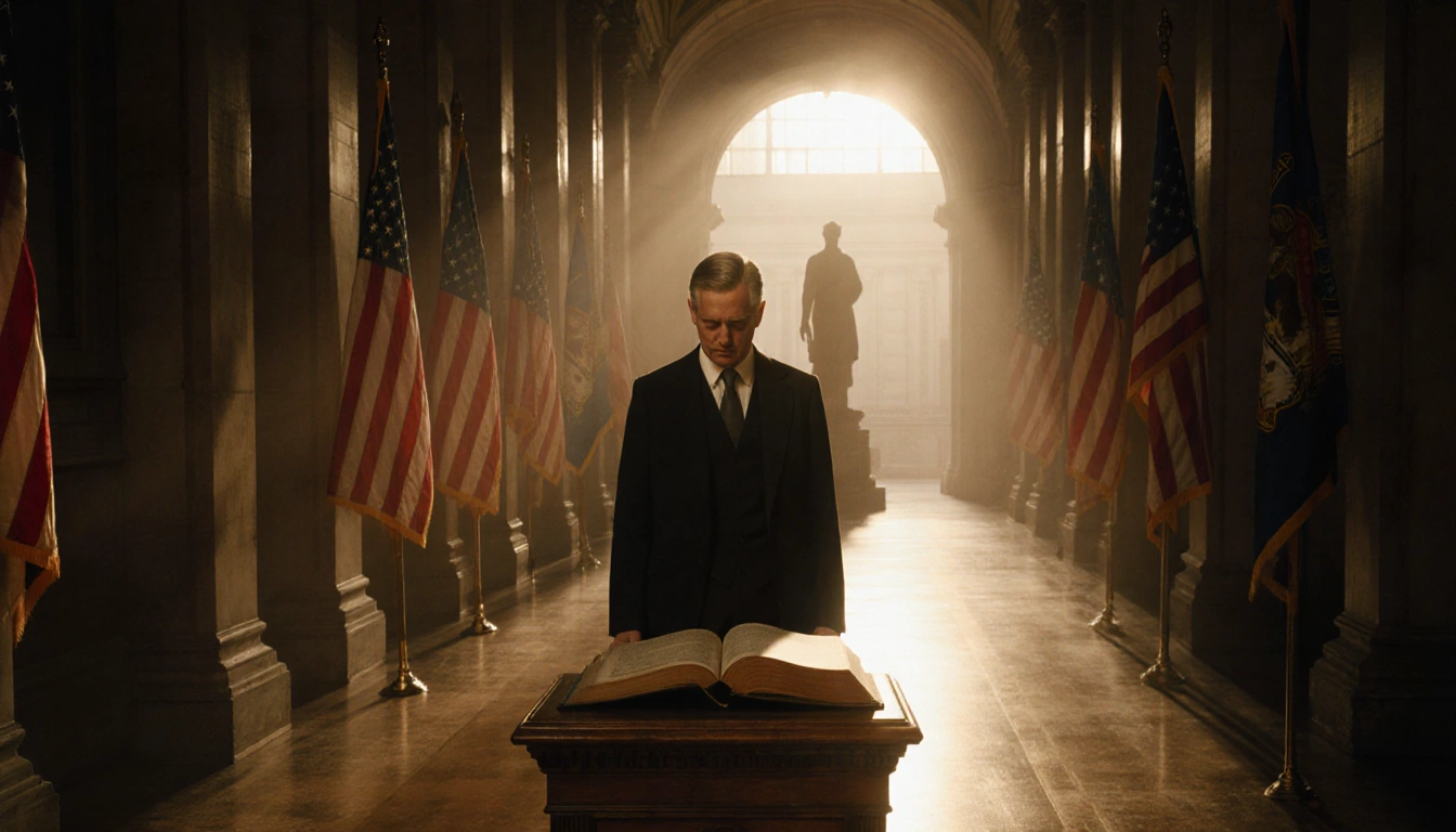 Former senator gazes at open book with golden light illuminating capitol hallway and statue shadowing background.