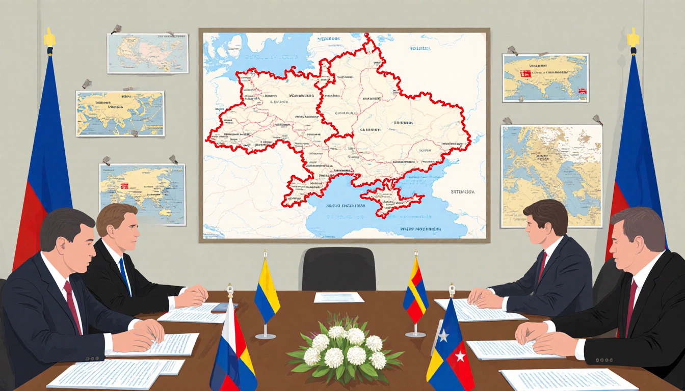 Negotiators discussing documents at table with Eastern Europe map of conflict zones and Ukraine and Russia flags motion lines