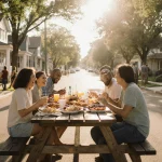 Neighbors laughing around picnic table with BBQ and baked goods and porches watching in sunlight