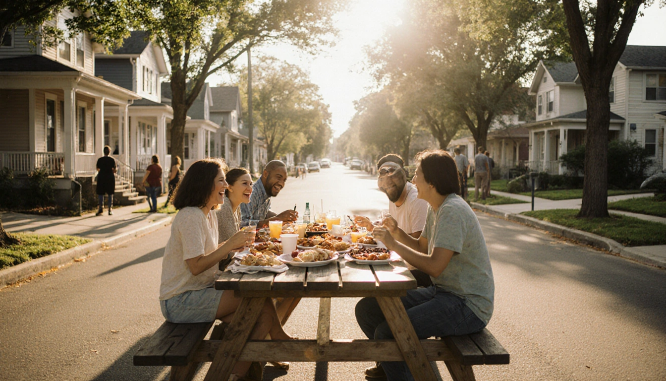 Neighbors laughing around picnic table with BBQ and baked goods and porches watching in sunlight