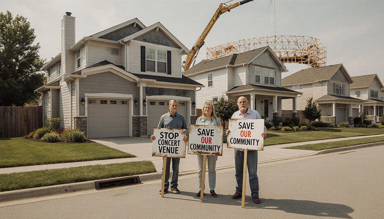 Neighbors protesting with worn signs near homes and construction equipment