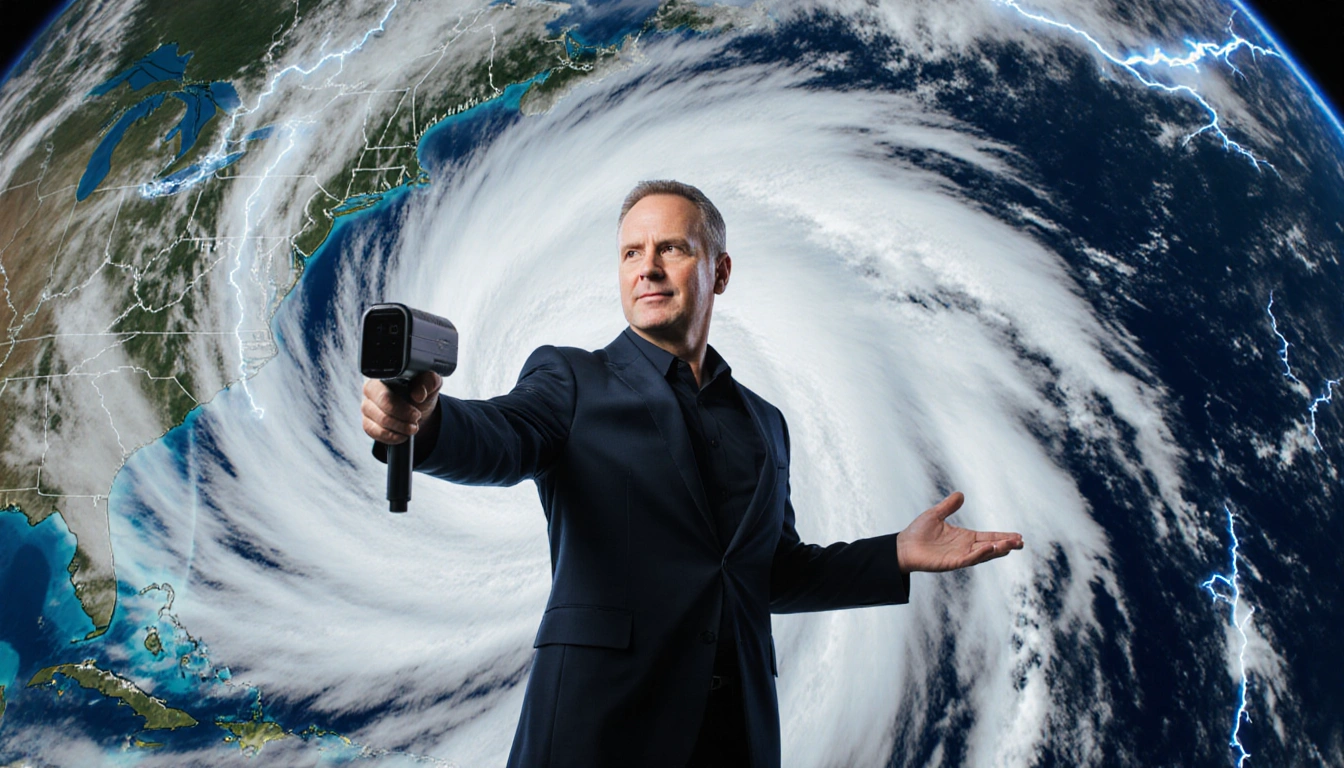 Neil Frank stands confidently with handheld device and points to hurricane forecast screen amid swirling storm clouds.