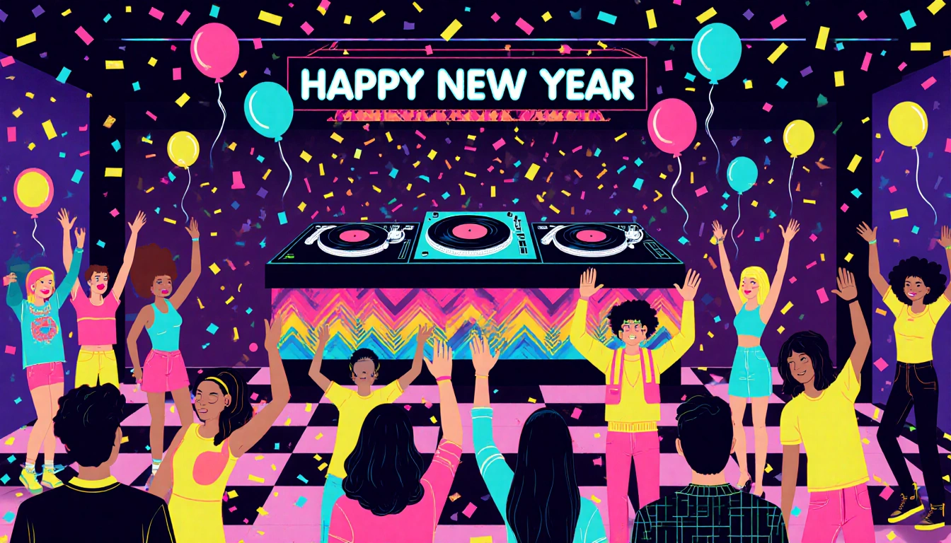 Revelers dance with neon lights and confetti near a spinning DJ record on a crowded 80s dance floor.