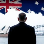 Netanyahu standing alone with torn Australian flag and Sydney Opera House and Harbour Bridge visible through foggy window.