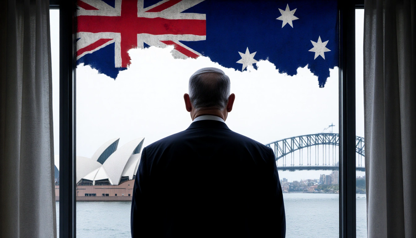 Netanyahu standing alone with torn Australian flag and Sydney Opera House and Harbour Bridge visible through foggy window.
