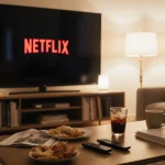 Large flat-screen TV glowing with Netflix logo in a cozy living room with lamp light and remote on coffee table