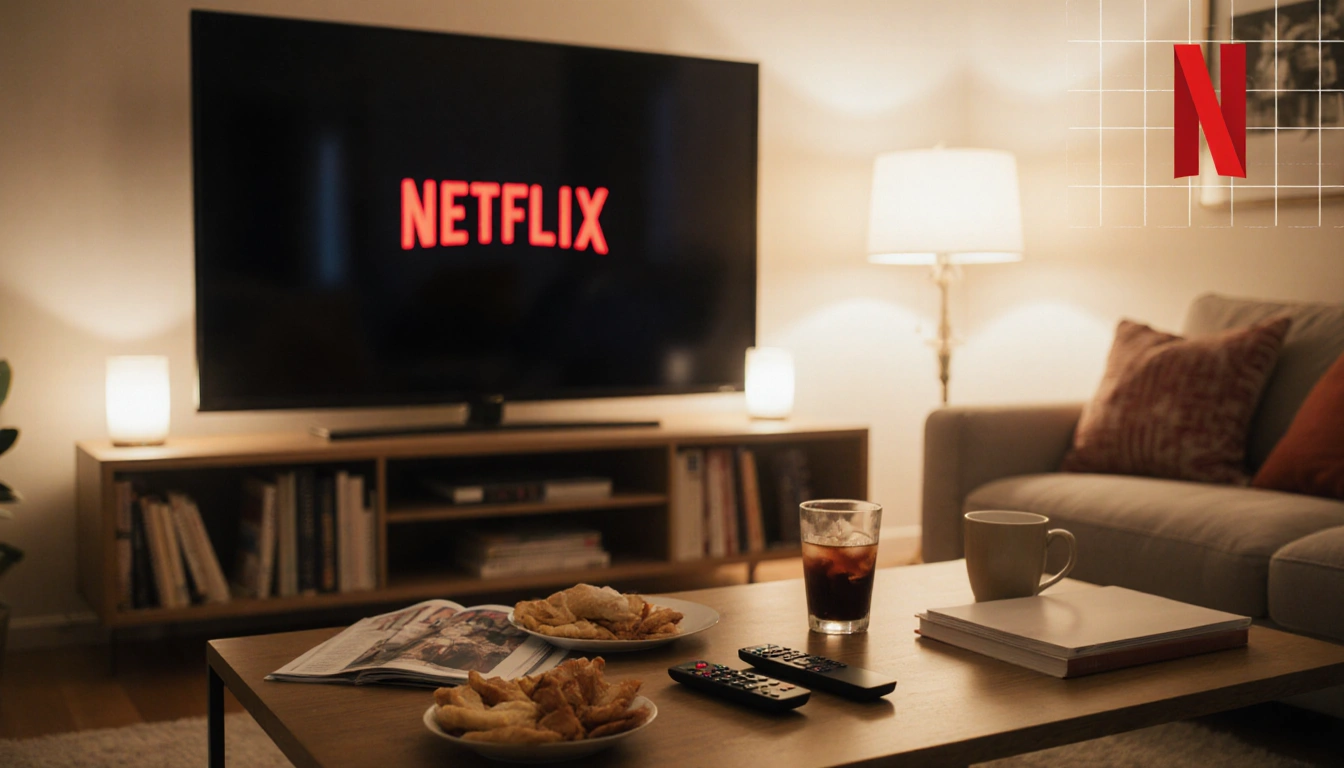 Large flat-screen TV glowing with Netflix logo in a cozy living room with lamp light and remote on coffee table