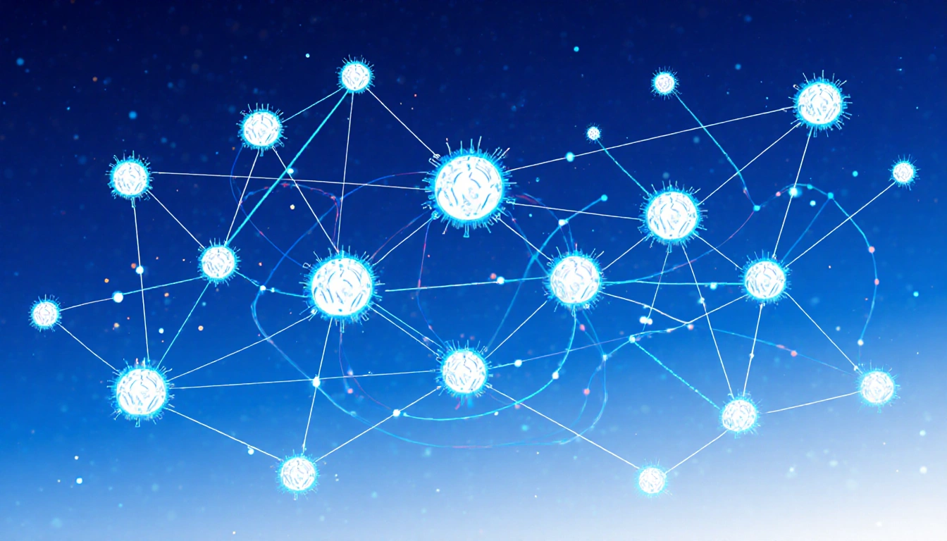 Neural network nodes glowing and pulsing with data streams in a blue-white web of wires showing data integration