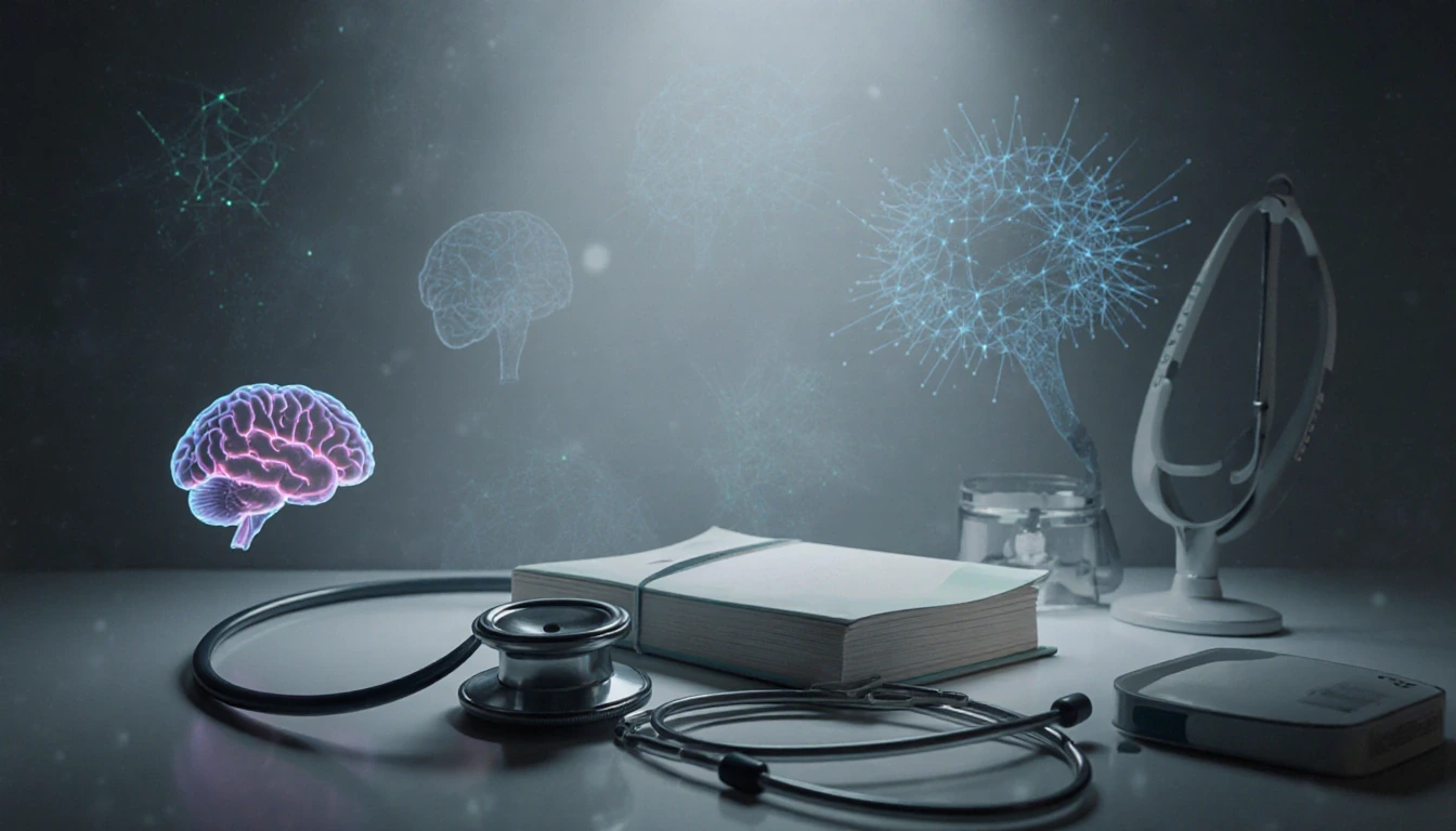 Medical textbook opens with a stethoscope beside it showing dedication to neurosurgery with subtle brain scans