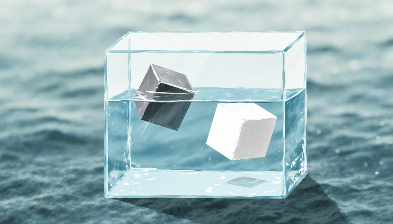 Transparent water block holds steel cube and styrofoam cube near neutral buoyancy with blurred ocean floor
