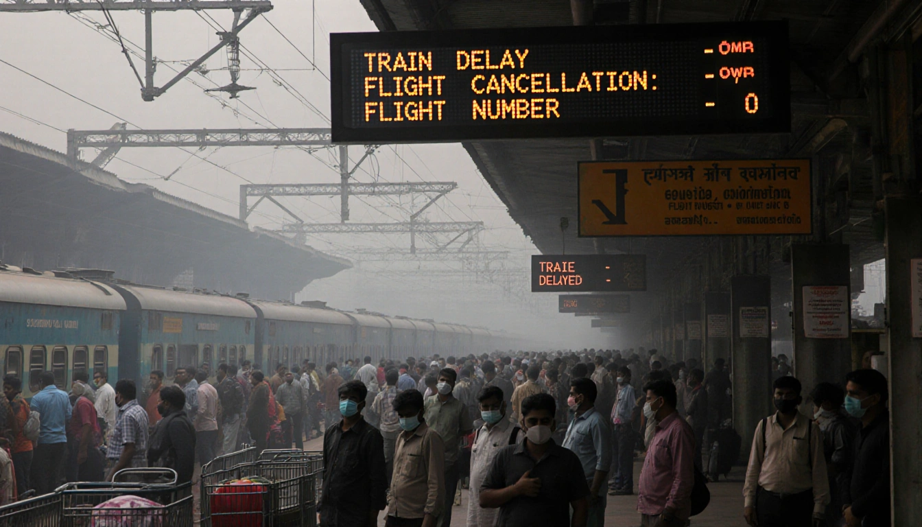 Commuters crowd platform with delayed train boards and a digital screen showing flight cancellation amid smog.