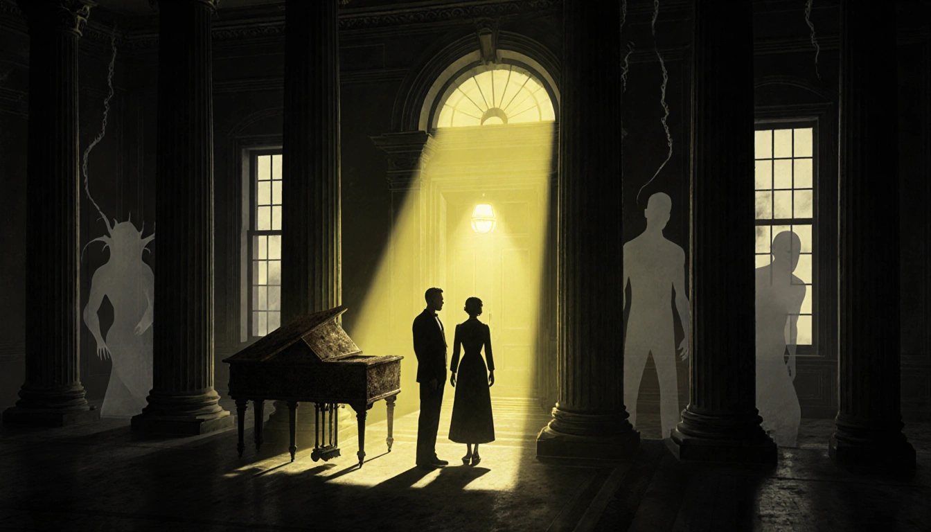 Two silhouettes waiting near dusty music box with warm lighthouse beam and misty shapes in manor foyer.