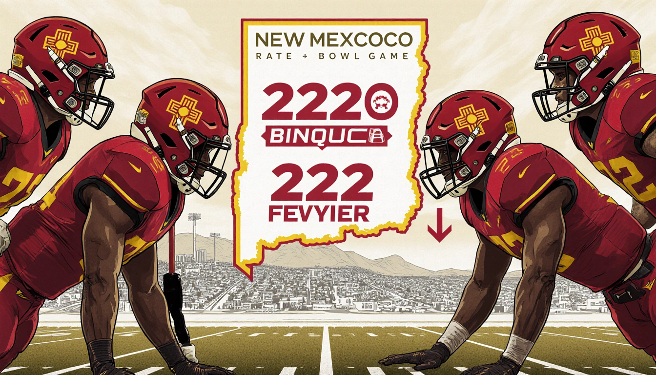 New Mexico defense rallying in Rate Bowl with falling yards arrows and Albuquerque map backdrop