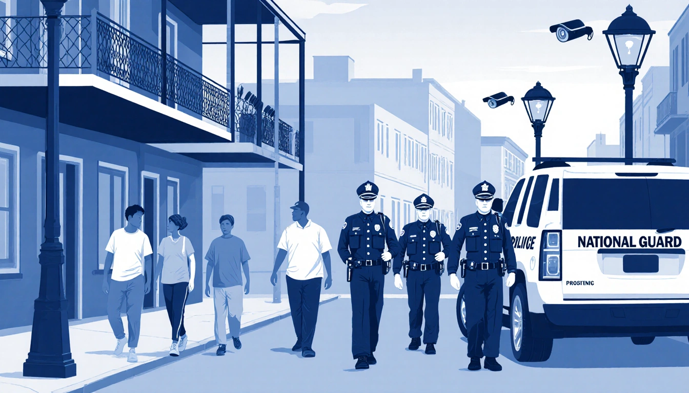 Residents walking casually with Guard officers beside a police vehicle and surveillance cameras in a calm New Orleans street.