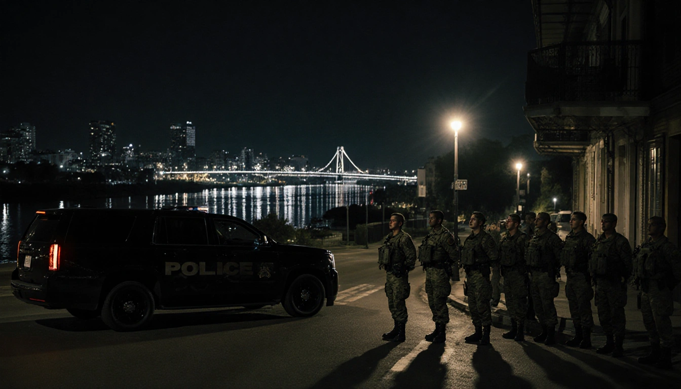 National Guard troops standing at attention with black SUVs and silver Mississippi River in a nighttime New Orleans street.