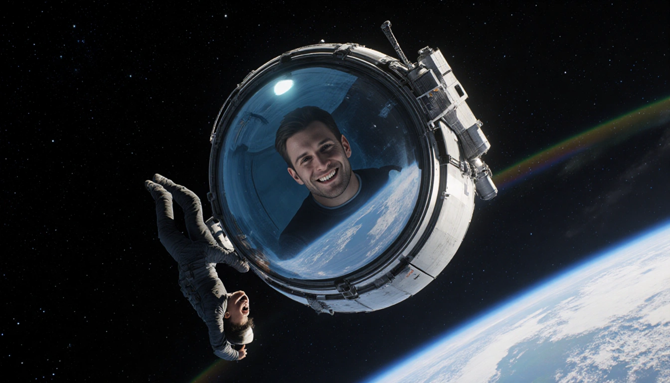 New Shepard capsule floats in zero-g with Jake Mills smiling and Benthaus laughing upside down and stars curve in background