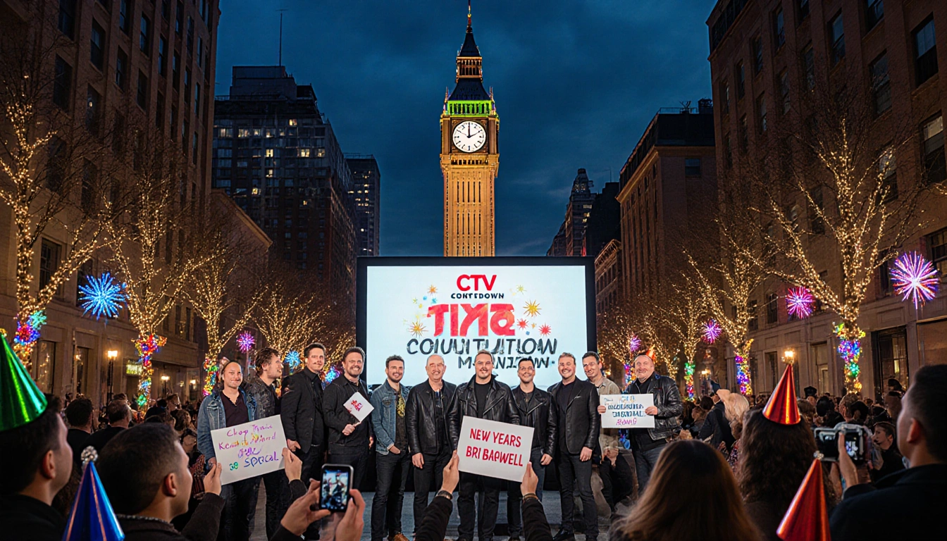 Musicians gather around a large screen with the CTV countdown clock tower glowing above and fans holding resolution signs