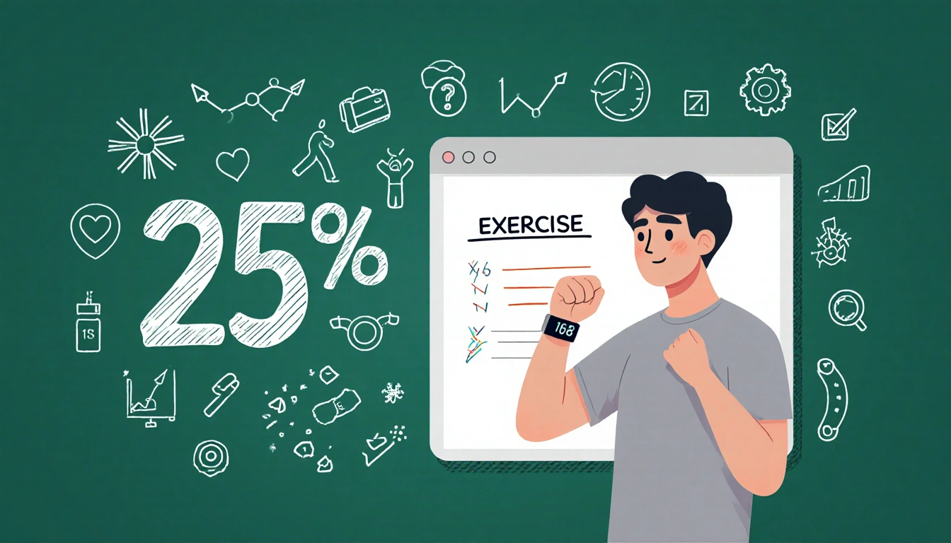 Person standing with fitness tracker showing determination writing Exercise on whiteboard with stylized 25% chart background.