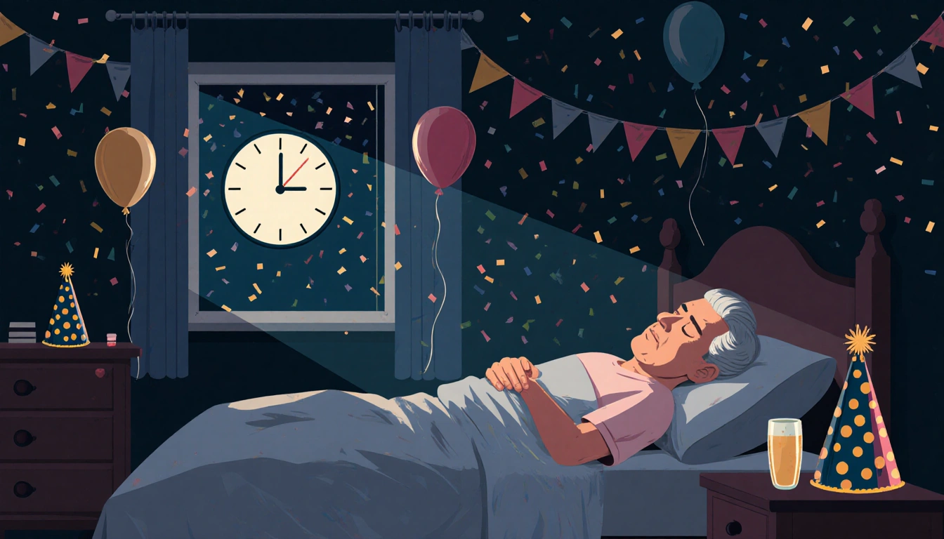 Adult sleeping on bed with midnight clock through window and confetti balloons and a champagne bottle for New Year's Eve
