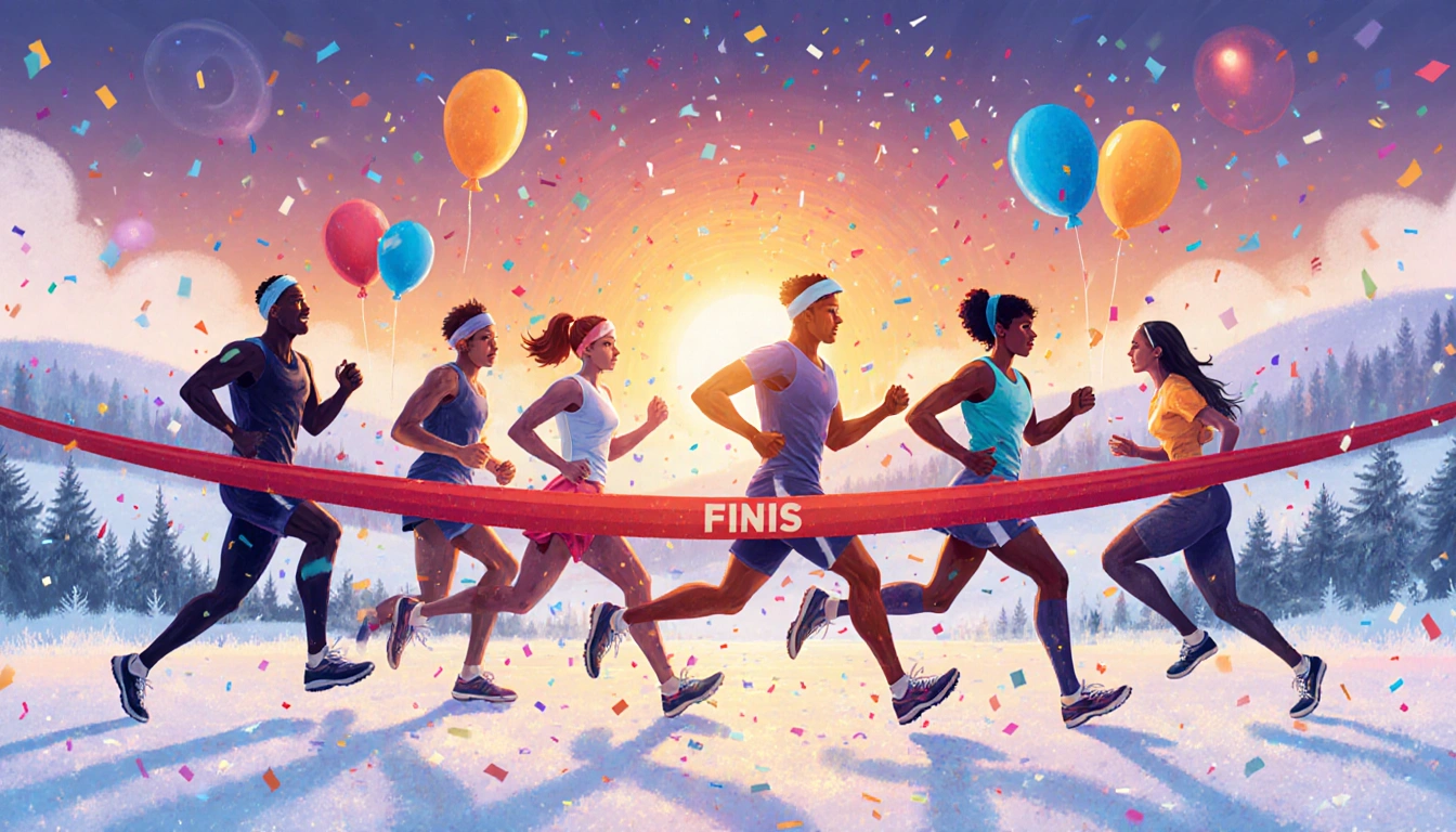 New Year's Day runners cross finish line at sunrise with warm light and confetti floating above misty hills
