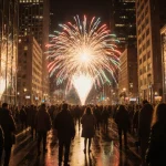 People cheering as fireworks explode with colorful lights illuminating a street celebration and wet pavement reflections