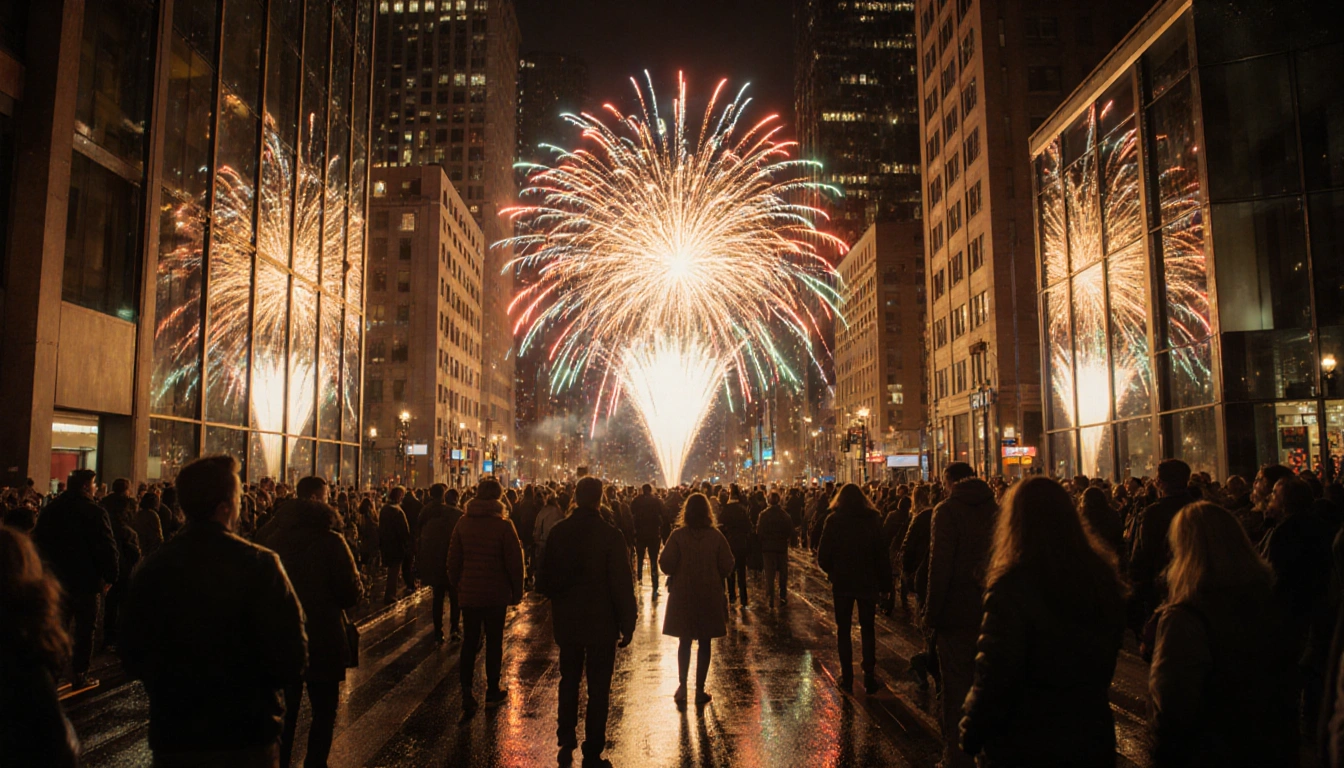 People cheering as fireworks explode with colorful lights illuminating a street celebration and wet pavement reflections
