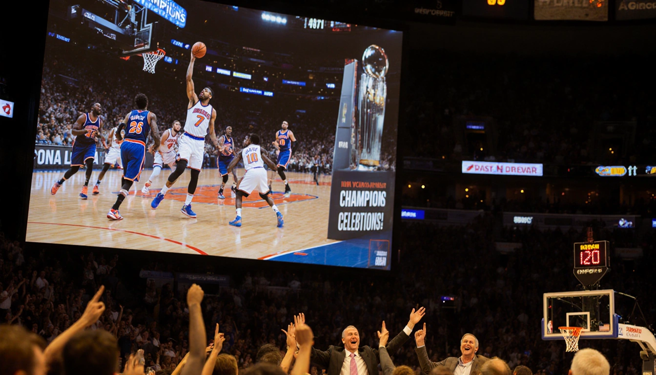 Knicks players celebrating with glowing scoreboard and jubilant fans in golden lights