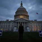 Figure standing on Capitol steps looking up at dimly lit building with limp American flag and looming dome