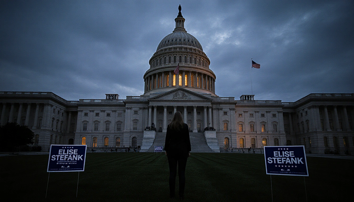 Figure standing on Capitol steps looking up at dimly lit building with limp American flag and looming dome