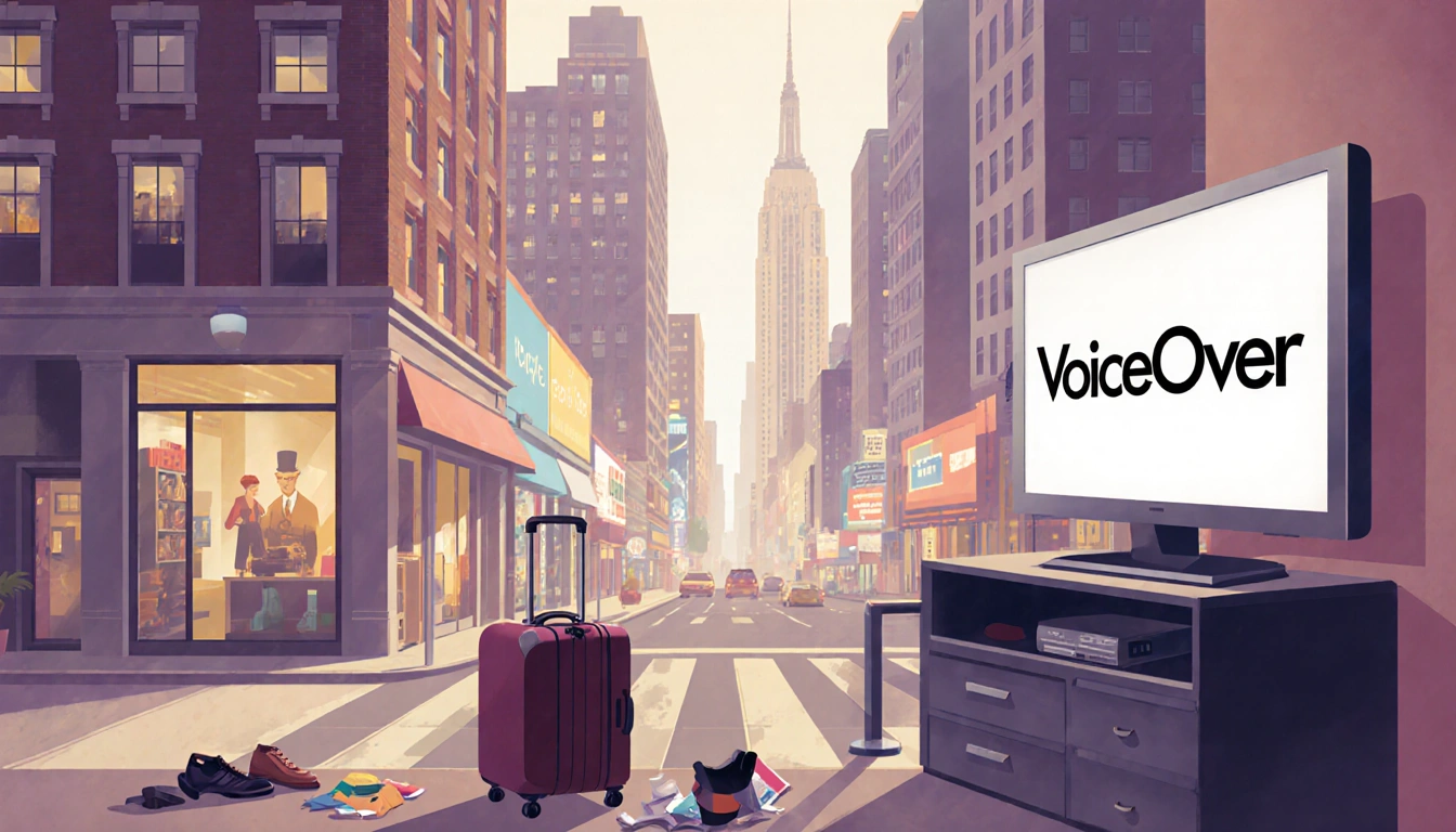 Suitcase open with personal items and VoiceOver logo on nearby screen with Times Square lights in New York background