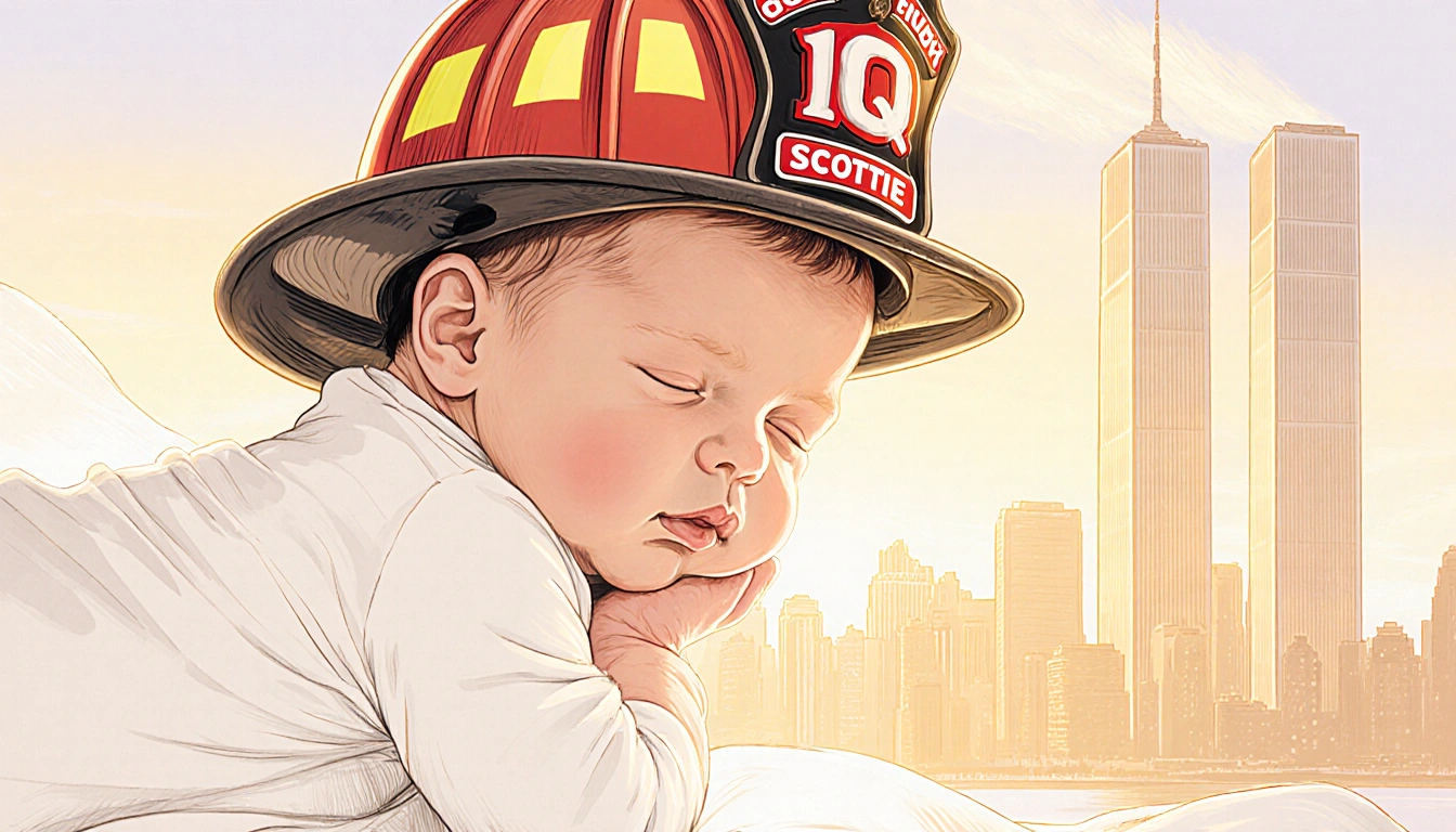 Newborn Scottie sleeping with a faint firefighter helmet and soft golden light beside abstract Twin Towers at sunset.