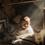 Swaddled newborn lying in a damaged incubator with golden light and broken medical device glow in war-torn Gaza hospital