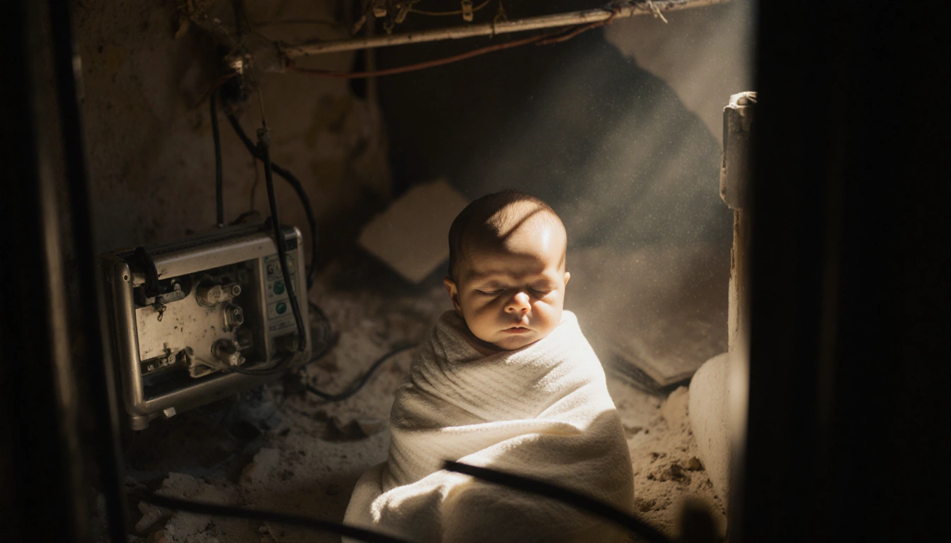 Swaddled newborn lying in a damaged incubator with golden light and broken medical device glow in war-torn Gaza hospital
