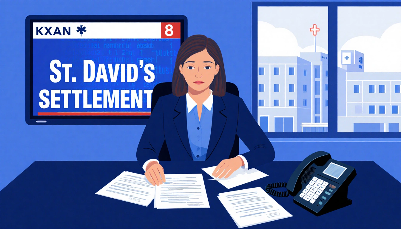 News anchor reviewing documents with phone and hospital window while TV ticker shows St. David's settlement