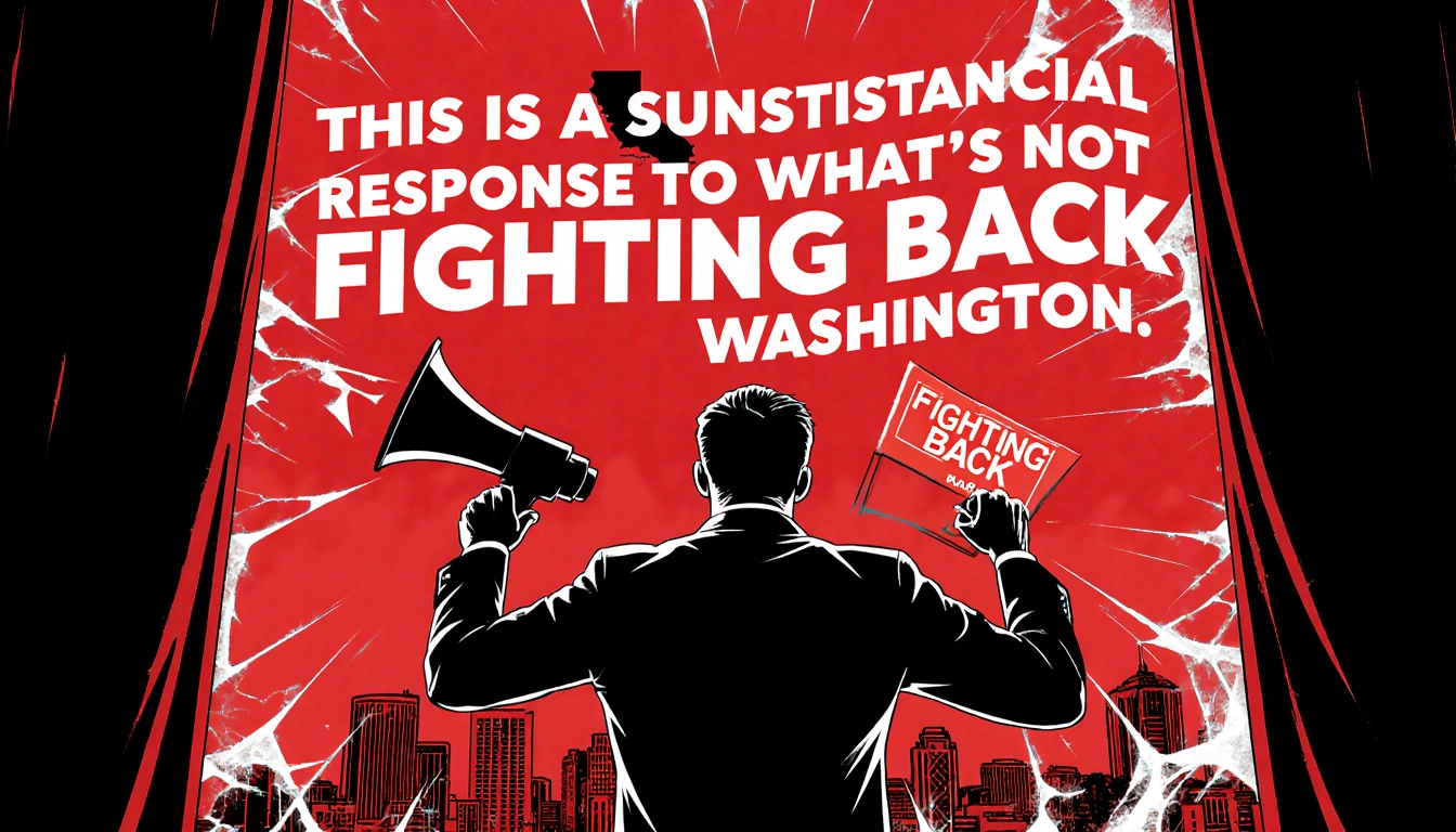 Governor Newsom standing defiant holding a megaphone and fighting back sign with a shattered window showing a cityscape and b