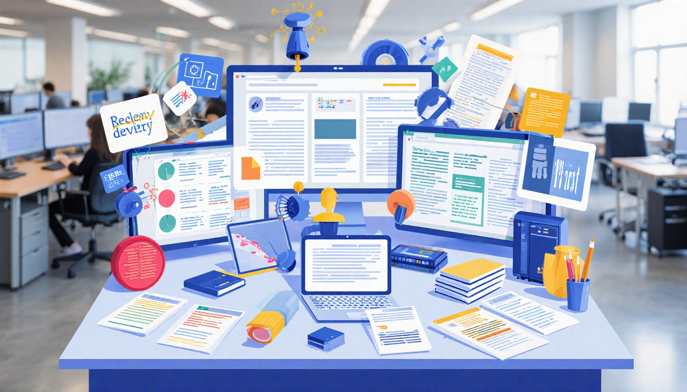 Illustration depicts a cluttered newsroom desk with AI tools software updates digital screens and info cards