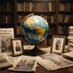 Crowded newsroom with a large ornate globe surrounded by 2025 publications and photos of Robert Friedrichs and Miami streets.